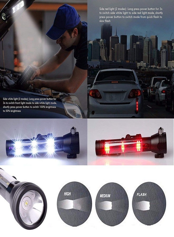 Tip&Top creation مصباح يدوي LED يعمل بالطاقة الشمسية قابل لإعادة الشحن من الألومنيوم من Tip&Top، بسبعة أوضاع إضاءة، مدى شعاع طويل، طاقة عالية، مزود بأداة أمان للطوارئ في السيارة للهروب، مطرقة لكسر النوافذ، قاطع حزام الأمان، بوصلة + كابل USB (أسود) - Image 3
